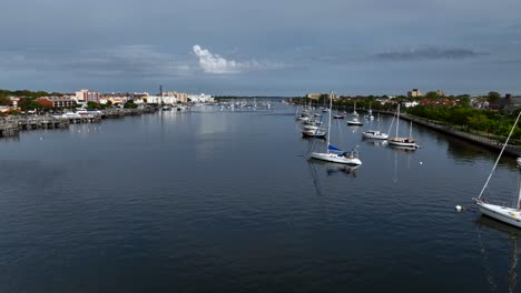 An-aerial-view-over-Sheepshead-Bay,-Brooklyn-on-a-beautiful-day