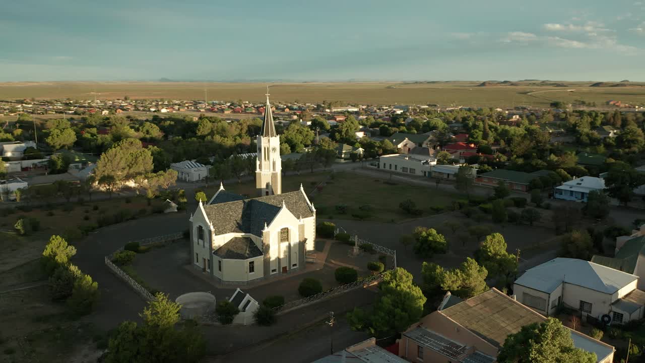 Circle pan, aerial shot, church in the middle of a town, Hanover, Dutch Reformed