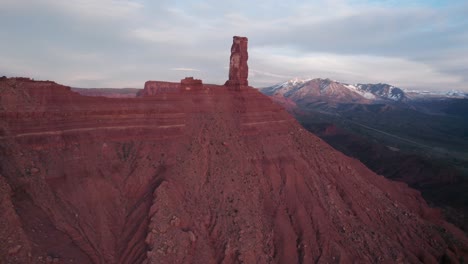 drone footage of castleton tower and the la sal mountains aerial shot of the beautiful dessert landscape