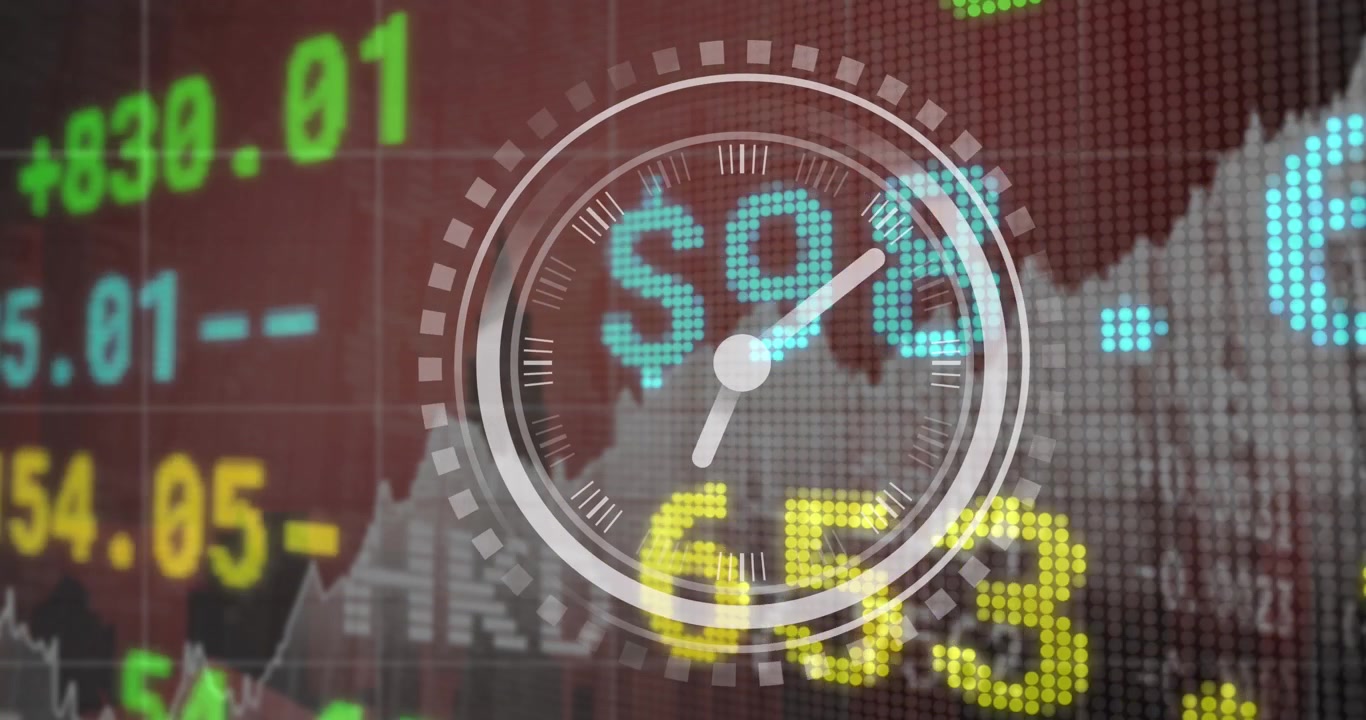 Animazione di un orologio che ticchetta su elaborazione di dati di borsa su sfondo grigio