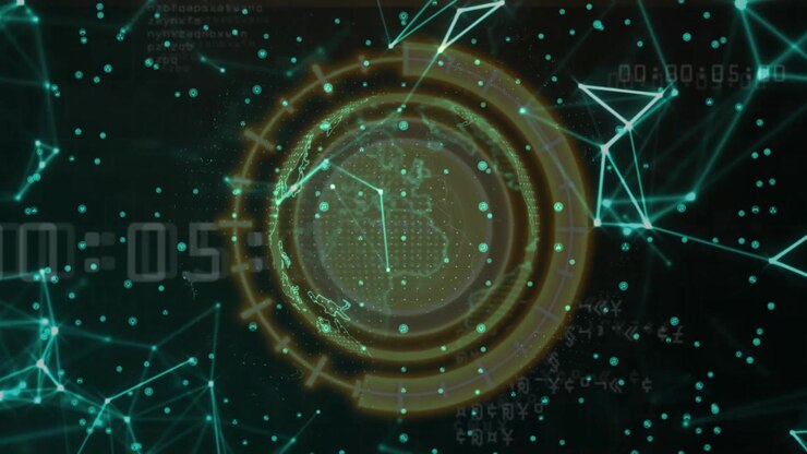 Frame one opening revealing wireframe globe rotating, rings pulsing, counter advancing, visualizing