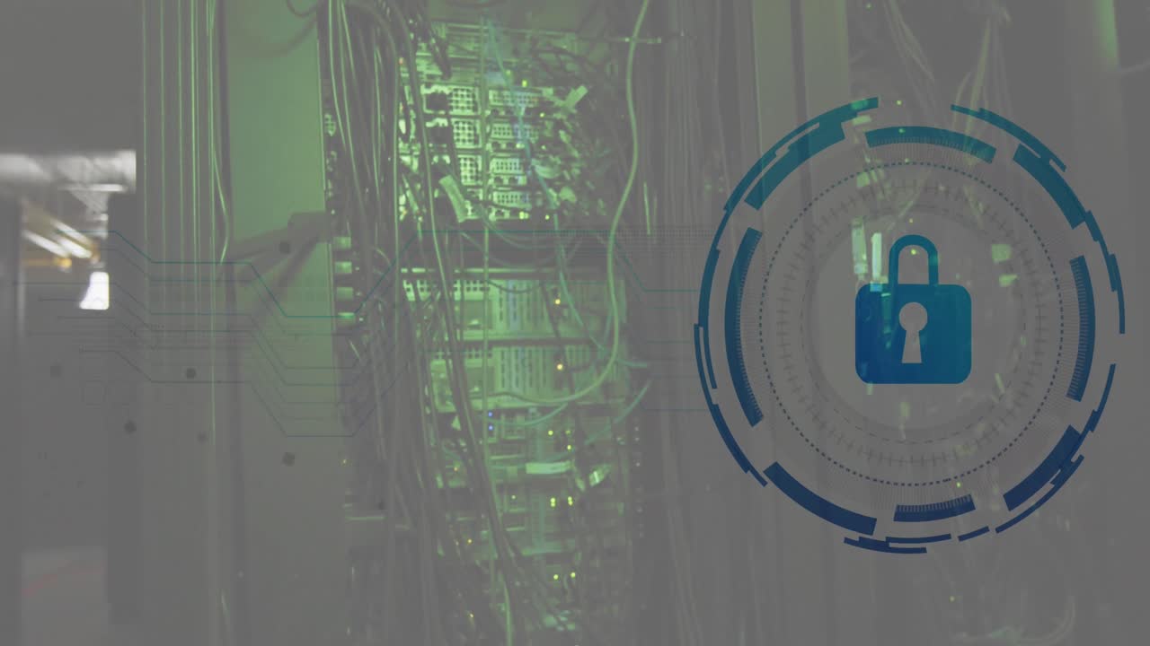 Animation of padlock icon in circle over cables of data server systems