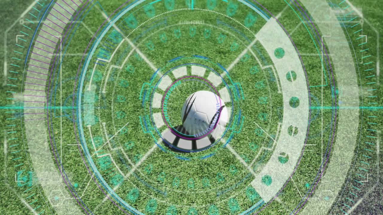 Animation of scope scanning and data processing over football player kicking ball