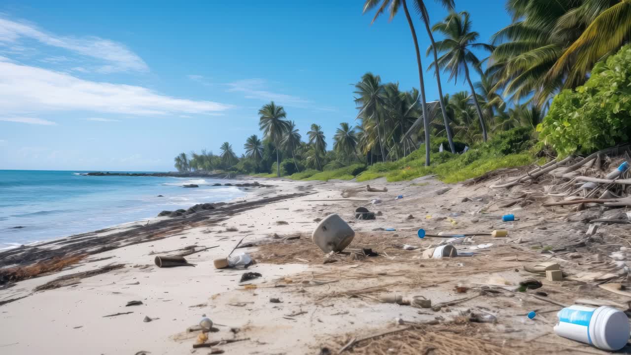 Plastic bottles, containers and other debris polluting a pristine beach with palm trees and turquoise water in the Dominican Republic, highlighting environmental damage from plastic waste