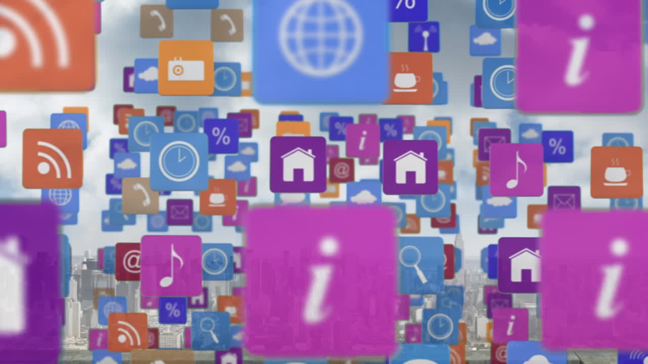 animación de iconos digitales en línea sobre el paisaje urbano