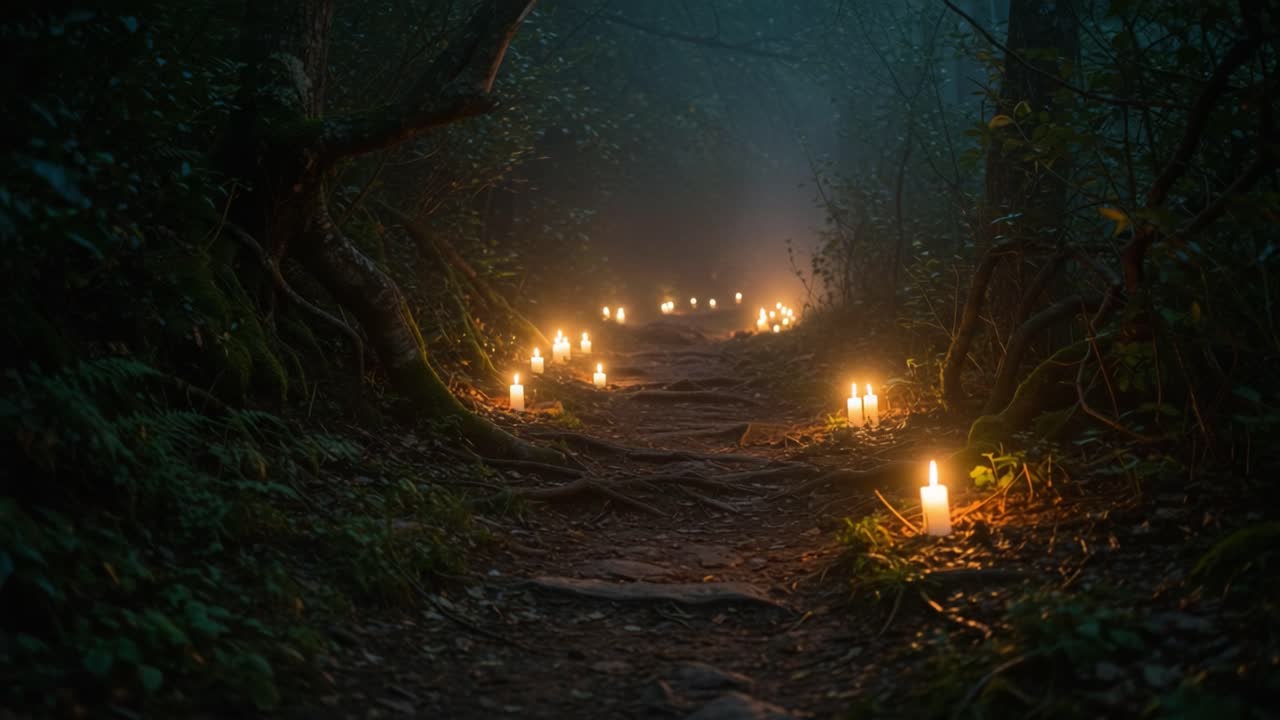 A Mysterious Forest Path Illuminated by Flickering Candles at Dusk, Creating an Enchanting and Ethereal Atmosphere Surrounded by Shadows and Nature's Beauty
