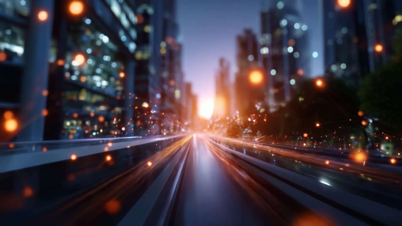 Dynamische Stadtlandschaft in der Dämmerung mit leuchtenden Lichtern und pulsierenden Spuren, die die Essenz des urbanen Lebens und den Energiefluss durch die pulsierenden Straßen der Stadt einfangen