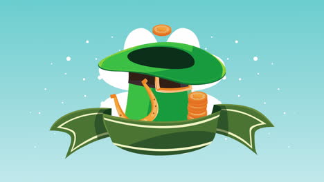 happy saint patricks day animation with leprechaun hat in ribbon