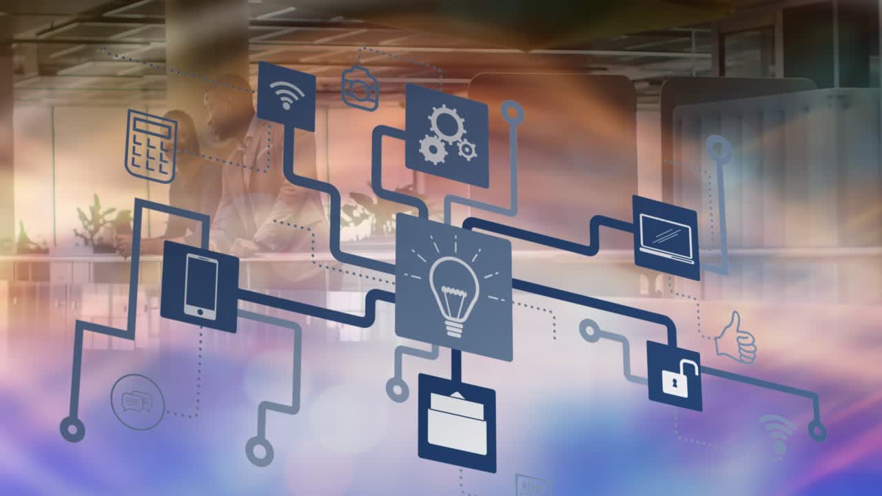 Animation of flowchart with computer icons over african american colleagues discussing in office