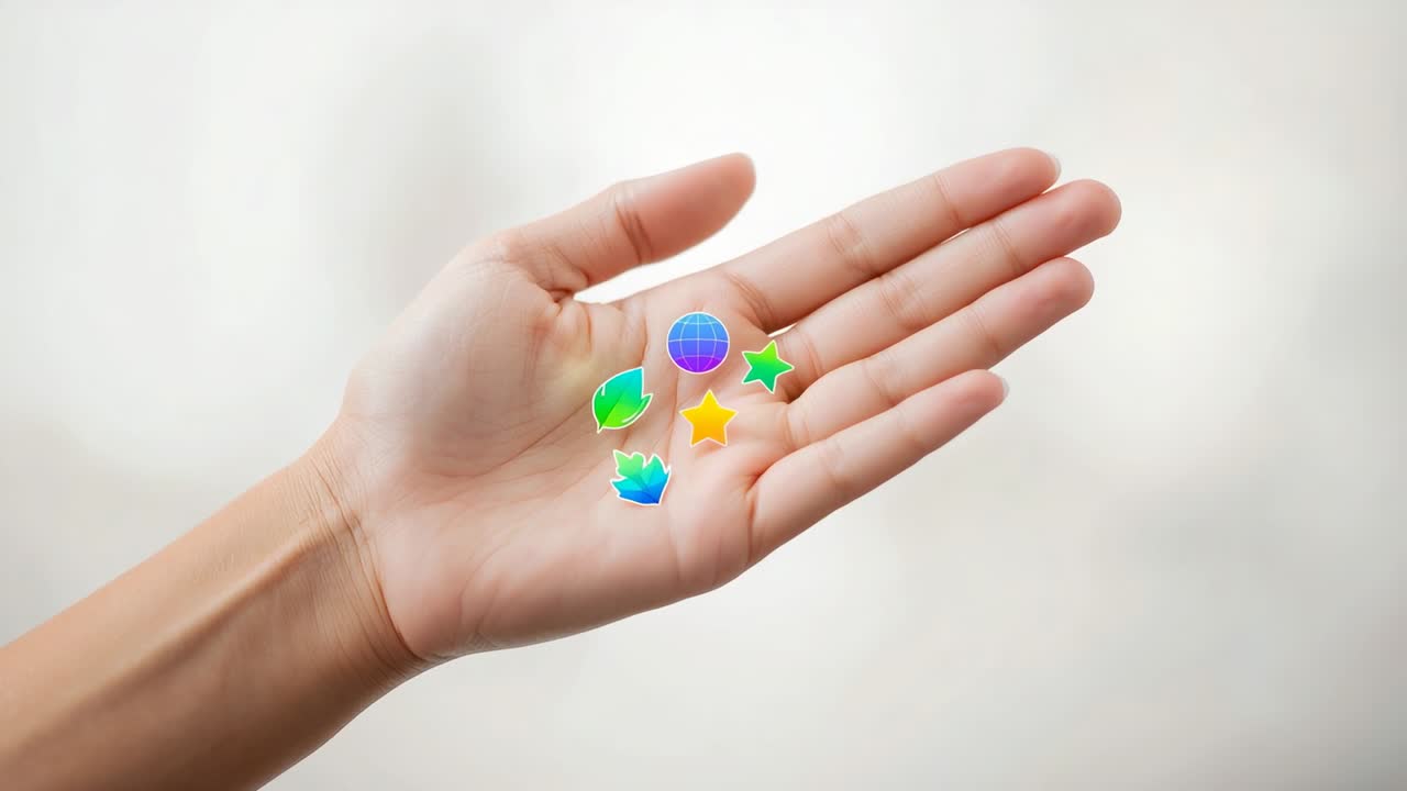 Materializing icons above right hand in blurred studio backdrop, pulsing globe leaves and star