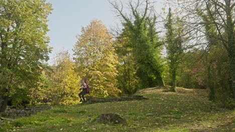 Junge-Blonde-Frau-Rennt-Die-Waldstufen-Hinunter,-Herbstliche-Parklandschaft