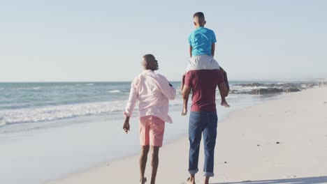 Video-of-african-american-grandfather-and-father-carrying-son-on-arms-and-walking-on-beach