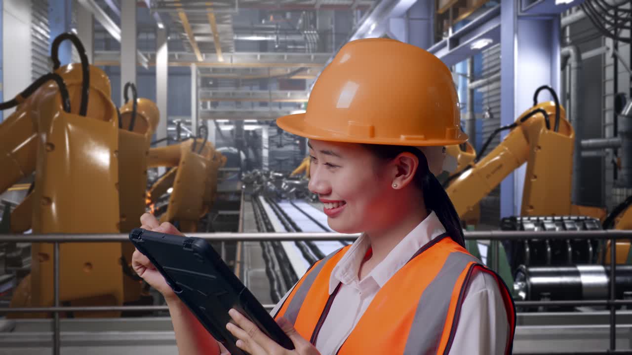 Close Up Side View Of Asian Female Engineer With Safety Helmet Taking Note On The Tablet And Looking Around While Standing With Industrial Robotic Arms Working