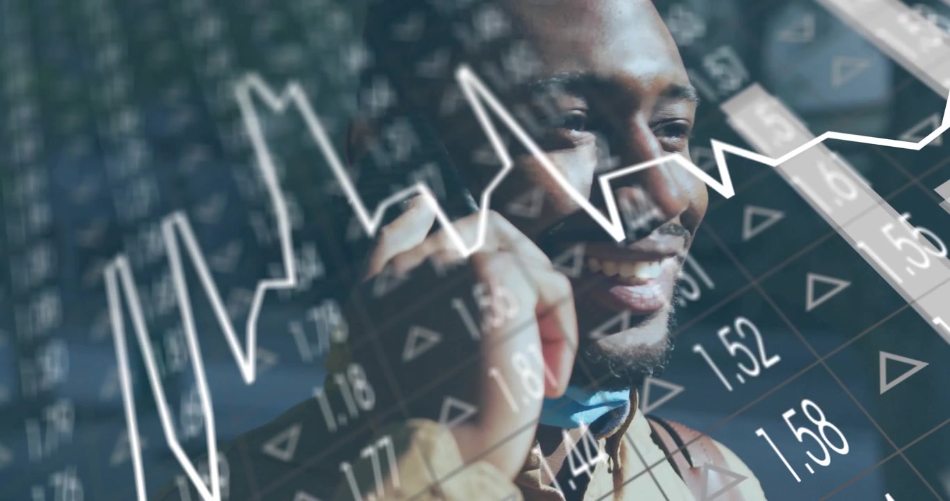 Man stepping onto sidewalk and calling while monitoring animated finance charts with rising bars