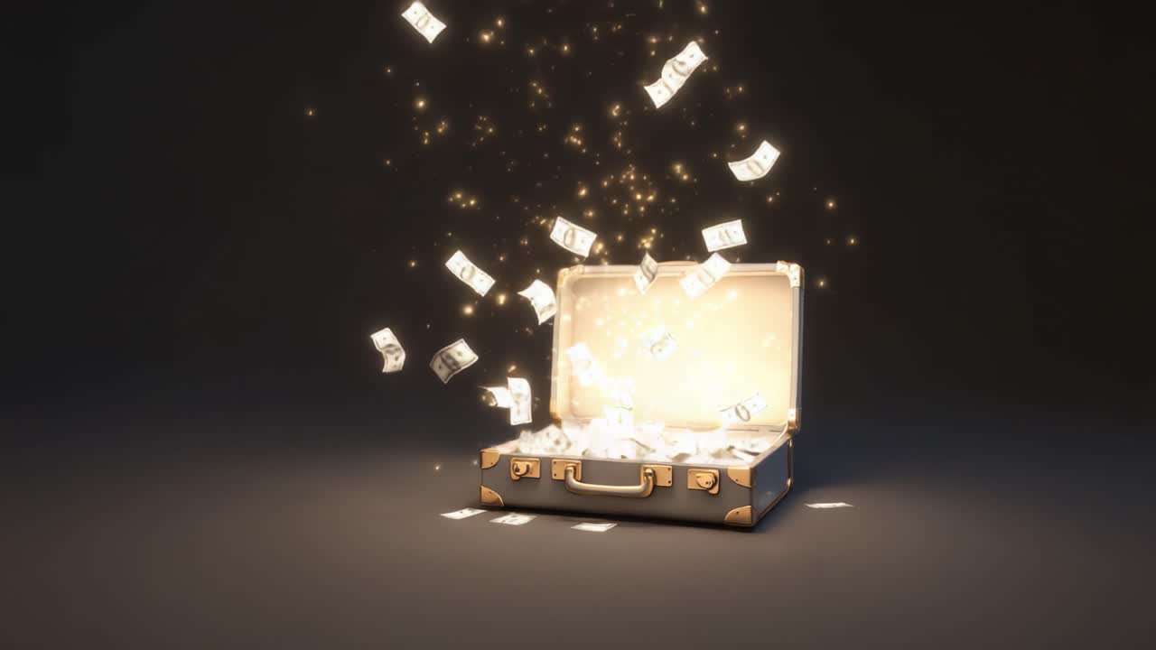 A captivating display of wealth and fortune unfolds from an open suitcase, emitting a magical glow as bills and sparkles emerge, creating an enchanting atmosphere of abundance and mystery