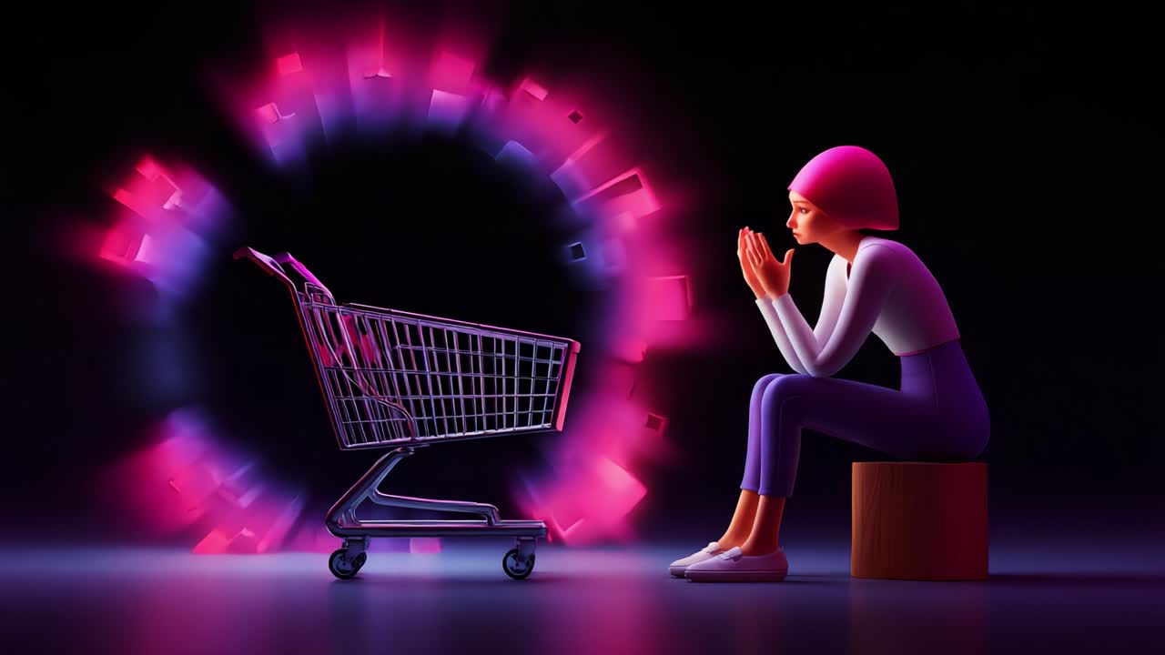 A Woman Contemplates Her Shopping Experience Amidst a Whirlwind of Digital Products, Highlighting the Stress and Confusion Modern Consumers Face in a Fast-Paced Retail Environment