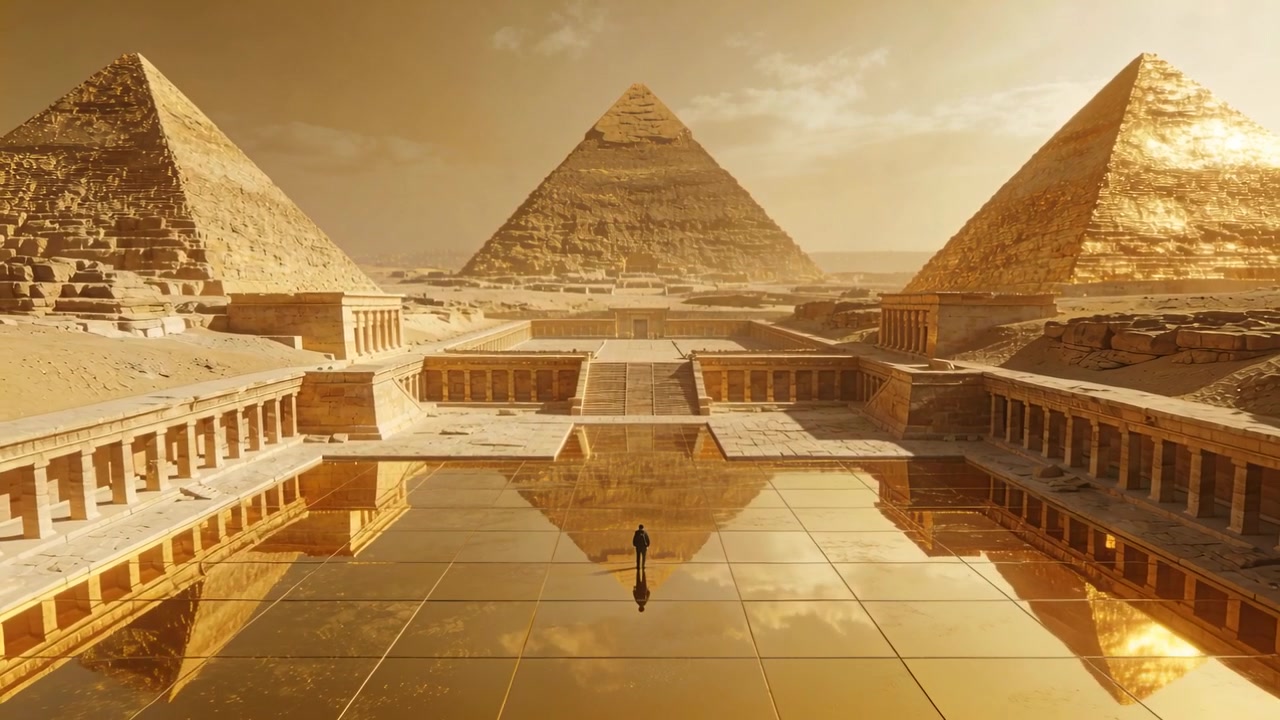 Kráčející osoba v tmavém kabátě se pohybuje směrem ke zlatému náměstí, po přiblížení se zastaví čelem ke třem pyramidám.