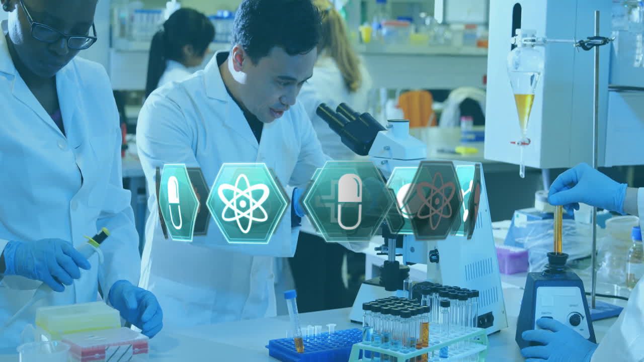 animación de iconos médicos sobre diversos científicos que trabajan en el laboratorio