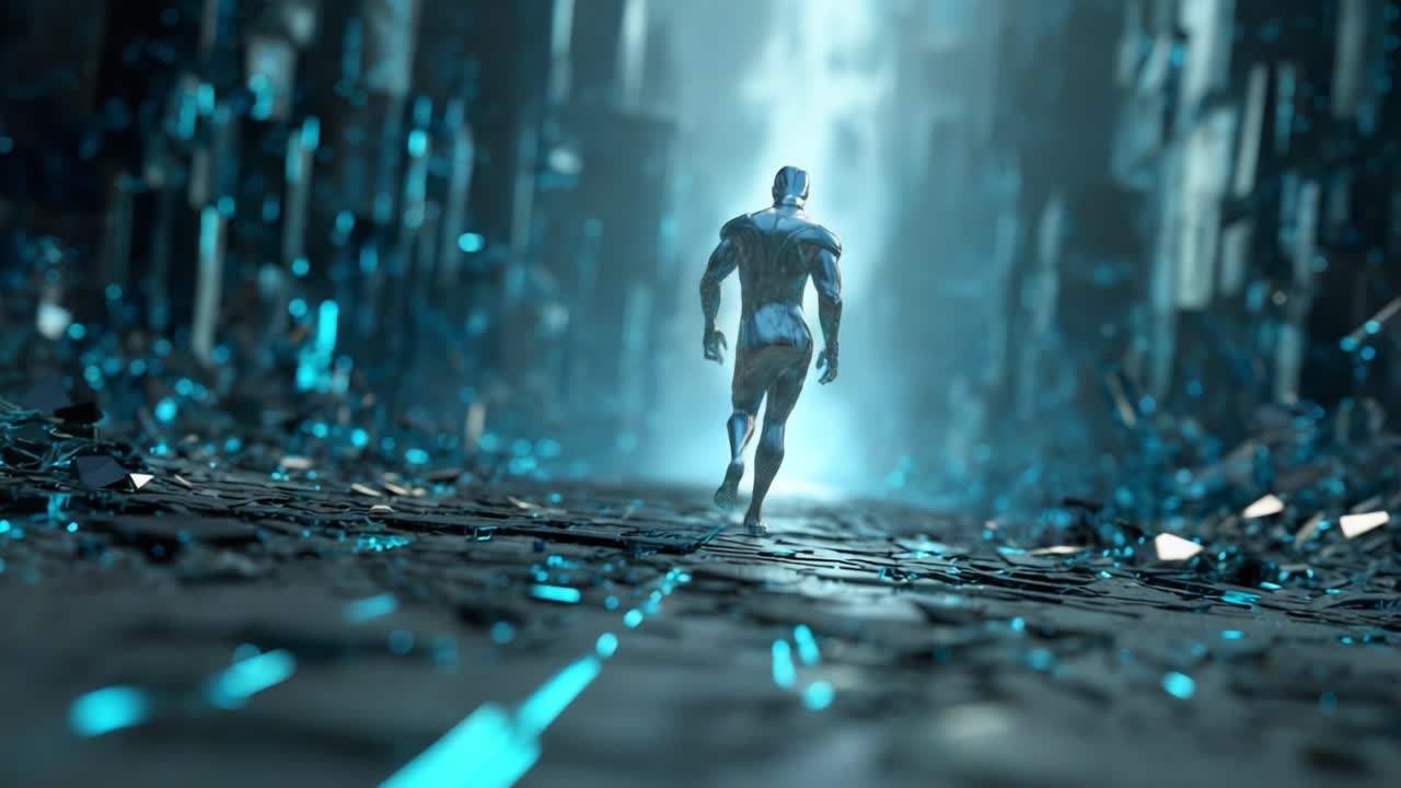 Futuristic Robot Walking in a Sci-Fi World