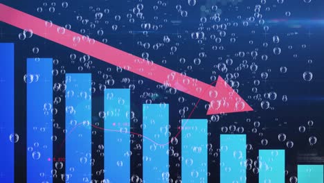 animation of financial statistics, data processing with red arrow descending and bubbles