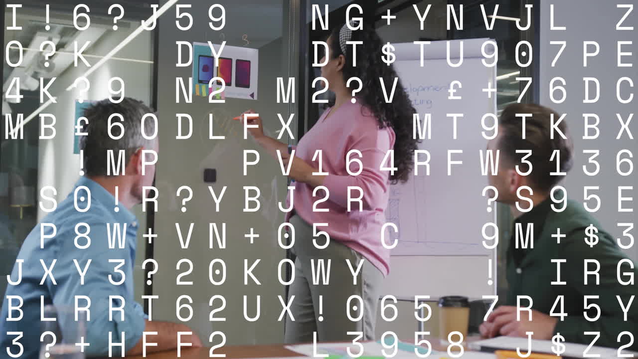 Animation of changing letters and numbers over diverse colleagues discussing work in office