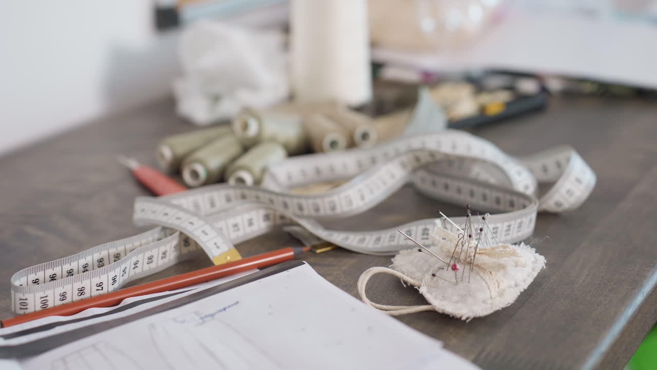 Measuring tape, stitching needle, colored pencil, white paper, sewing threads in varied hues on table, revealing creative workspace for garment design, showcasing professional skill set