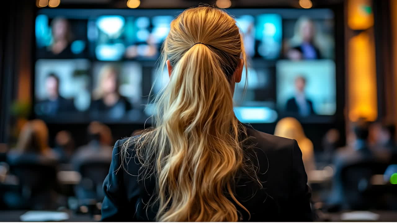 Joining virtual conference chat. A woman listens attentively to a virtual conference, analyzing multiple speakers on a large screen at an event venue