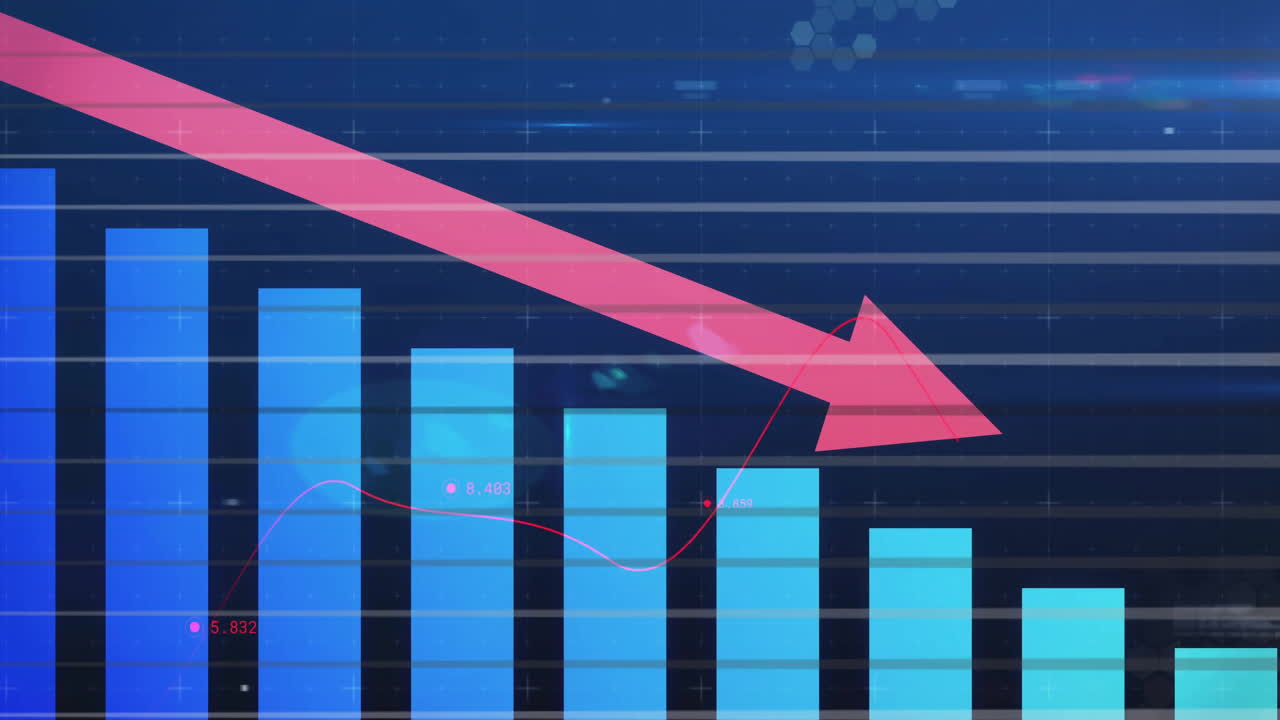 Animation of blue bar graph with red arrow showing financial decline