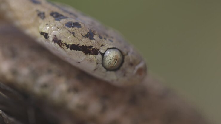 Macro estrema: Occhio di serpente gatto comune che si muove nell'orbita; pupilla verticale e squame dettagliate