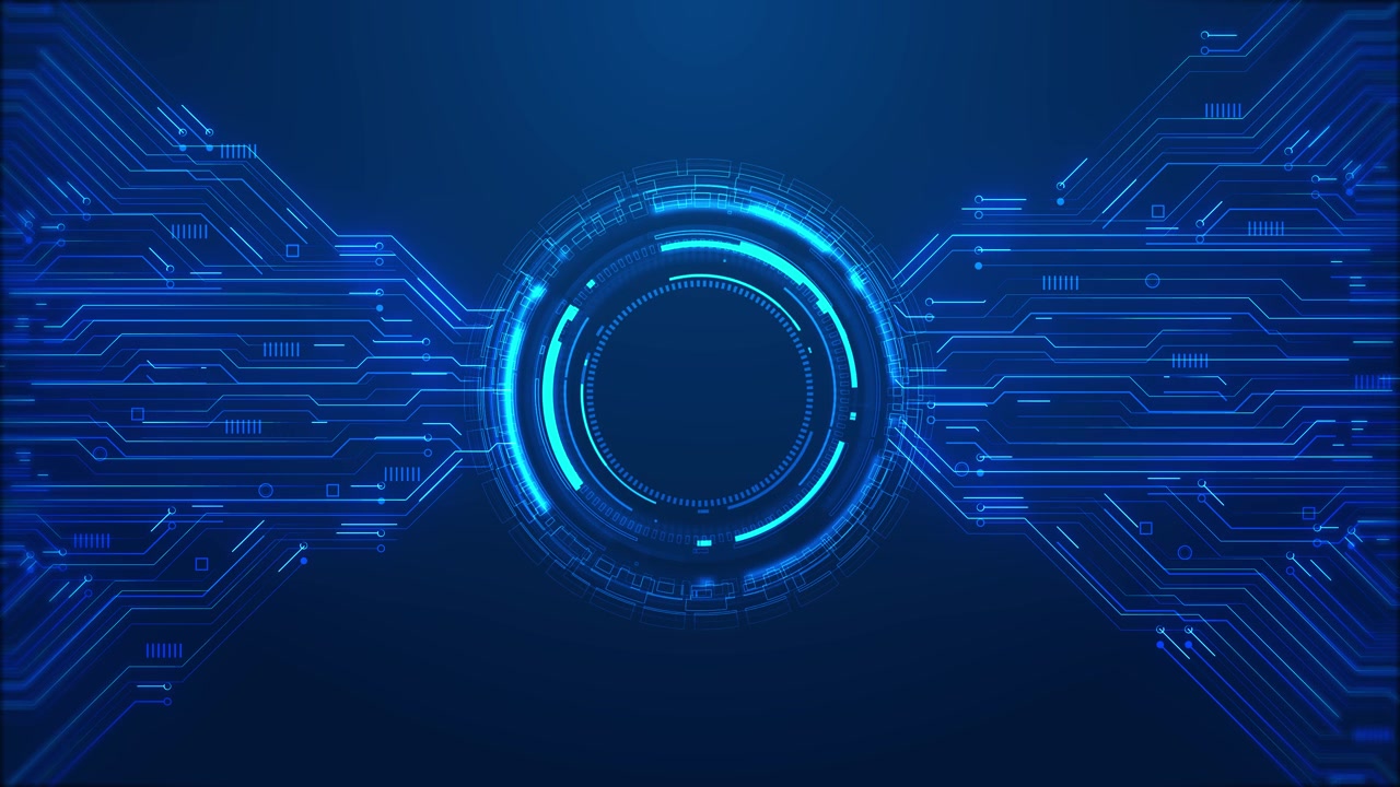 Futuristic cyan tech hud core visual with bright circular interface blue circuit routes and clean