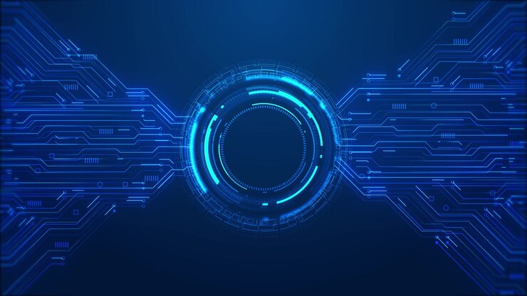 Immagine di nucleo HUD tecnologico ciano futuristico con interfaccia circolare luminosa, percorsi di circuito blu e pulito