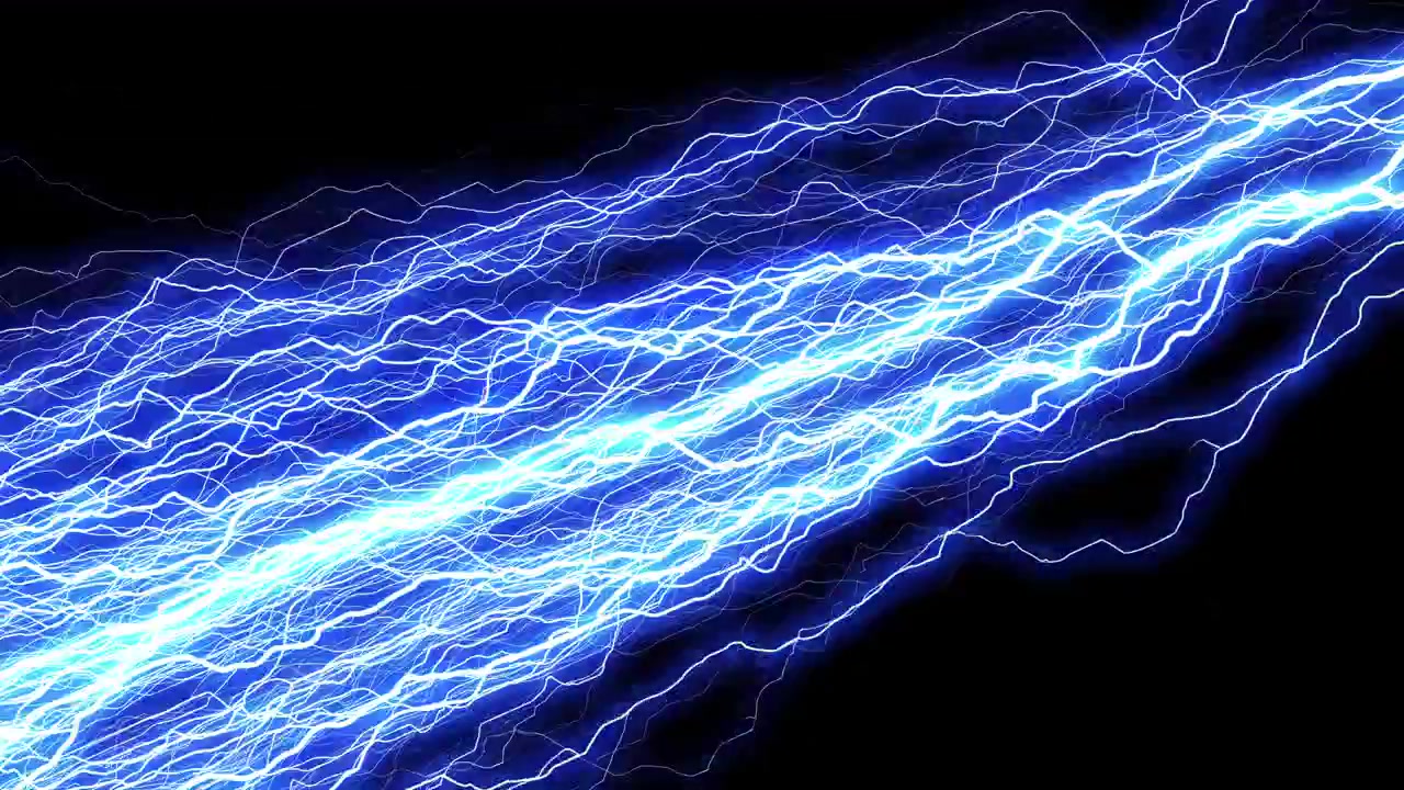 Bright Blue Electric Lightning Bolts Striking Against Black Background