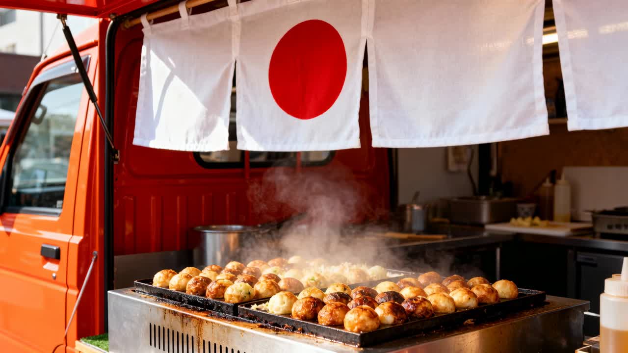 Opvarmning af takoyaki-grillplade nedefra, hvilket producerer damp og bruning ved rød lastbil, gardin
