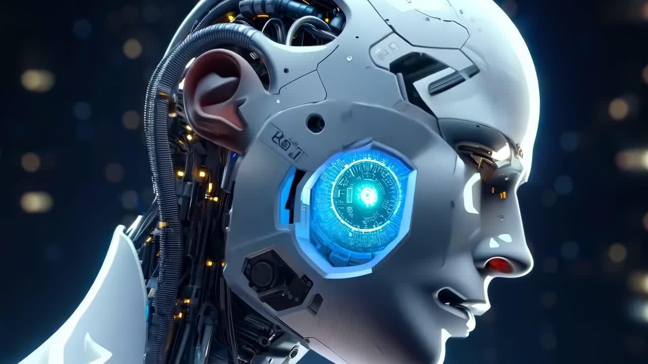 Side profile of a futuristic android with illuminated circuits, captured in a close-up angle