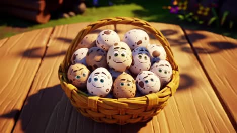 A Cheerful Collection of Animated Eggs: A Whimsical Basket Overflowing with Happy Faces of Playful Characters Ready for Adventure