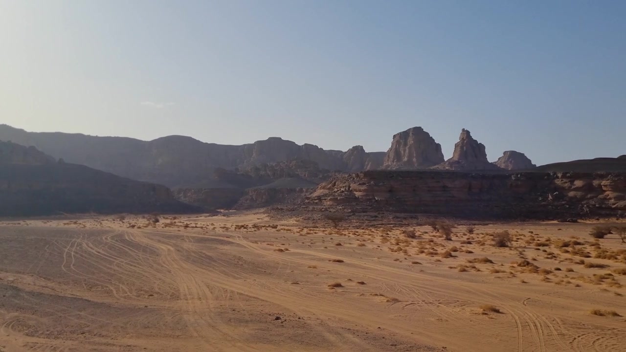 Vasto paesaggio del deserto del Sahara con terreno roccioso, sabbia spazzata dal vento e tracce di veicoli visibili. La natura selvaggia arida si estende all'orizzonte, creando un'atmosfera remota e aspra, Djanet, Algeria