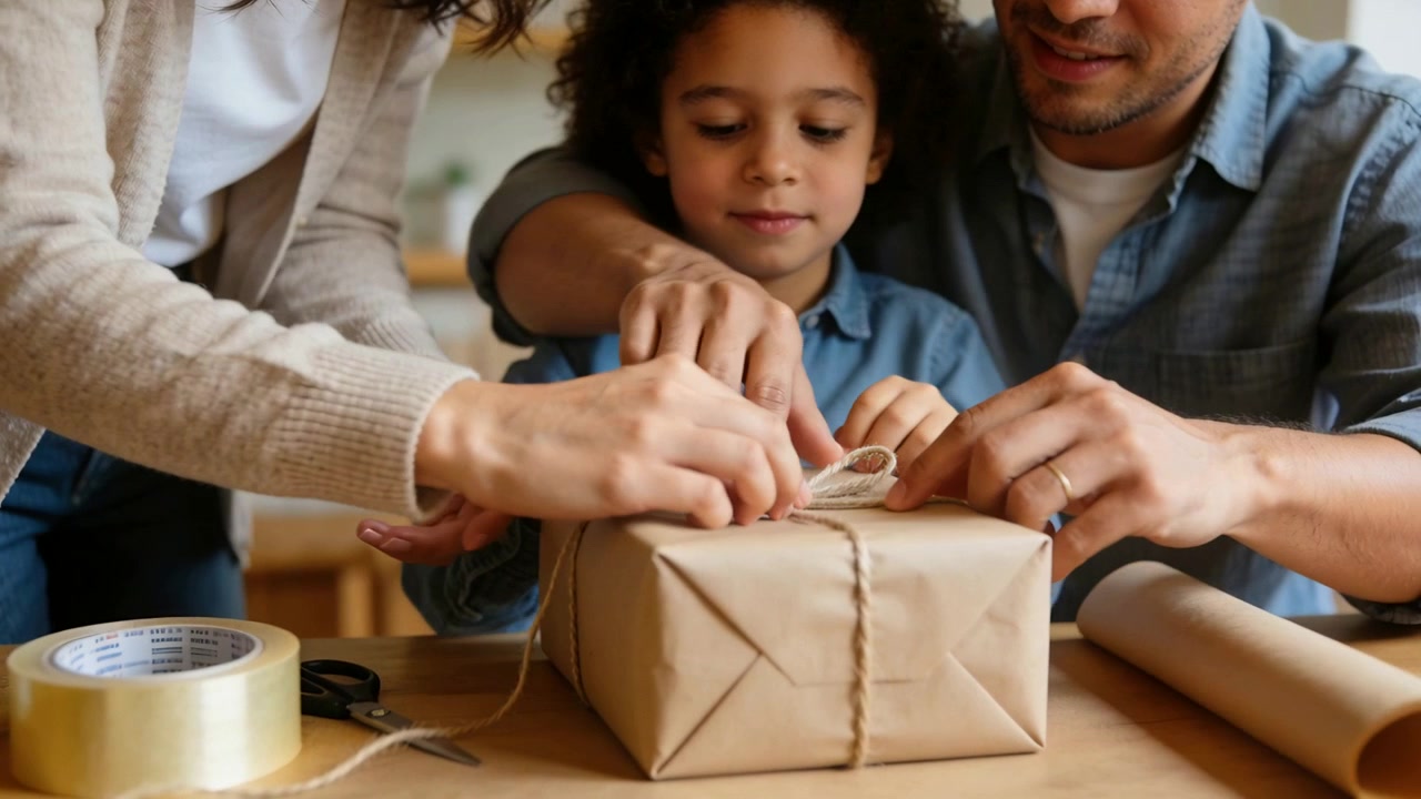 Mani che raggiungono il cardigan dei genitori, guidando il bambino che lega un fiocco di spago per finire un pacchetto in carta kraft sul tavolo della cucina.