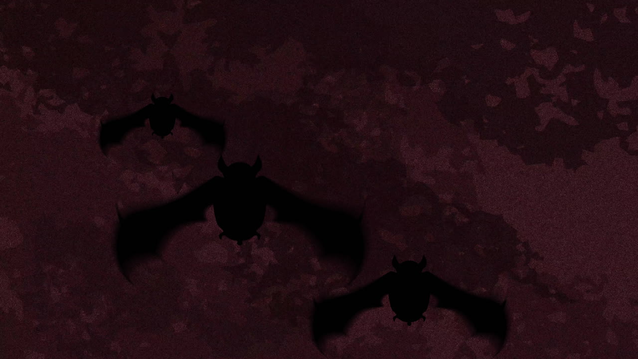 Animation of silhouettes of bats over moving shapes on black background