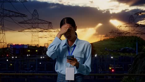 Asian Female Professional Worker Standing With Her Smarphone Near High Voltage Tower, Industrial Facility, She Is Nodding Her Shead With Dissapionted