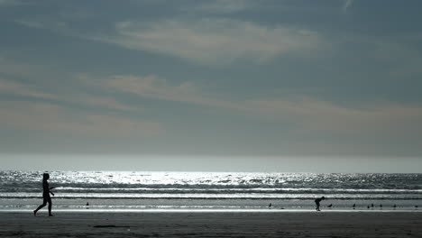 Siluetas-De-Personas-En-La-Playa---Una-Niña-Caminando-Y-Un-Niño-Buscando-Conchas-Marinas-En-Cámara-Lenta