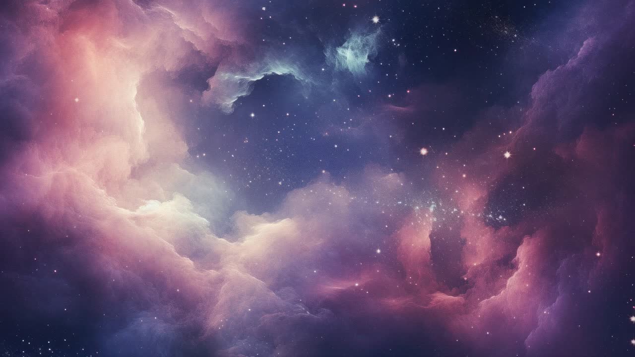 A mesmerizing video of a cosmic nebula with swirling colors and stars, creating a dreamy, ethereal