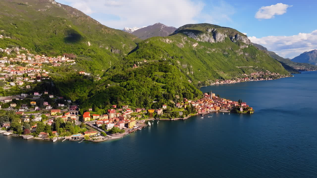 Aerial drone view of Varenna, Italy and Lake Como in daylight