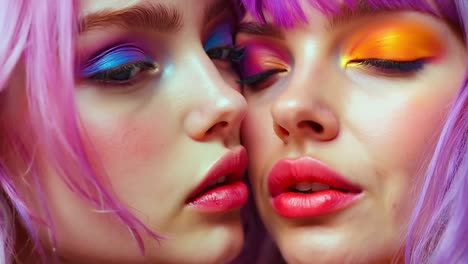 two women with bright makeup and pink hair