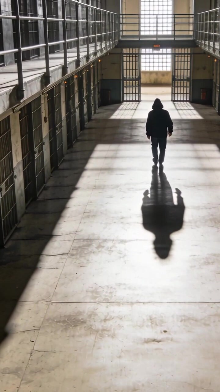 Video verticale: Uomo incappucciato che cammina verso un cancello sbarrato in prigione, cercando la luce che filtra attraverso le fasce del pavimento.