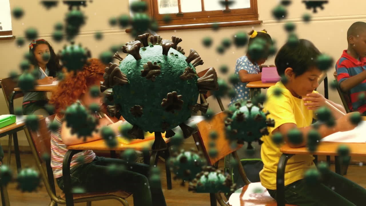 교실에서 학교 학생들을 대상으로 매크로 코로나 19 세포의 애니메이션