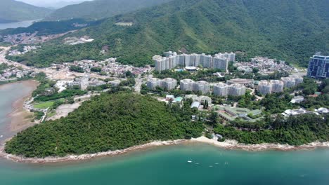 Aerial-view-of-Starfish-bay-skyline-in-Ma-On-Shan,-Hong-Kong