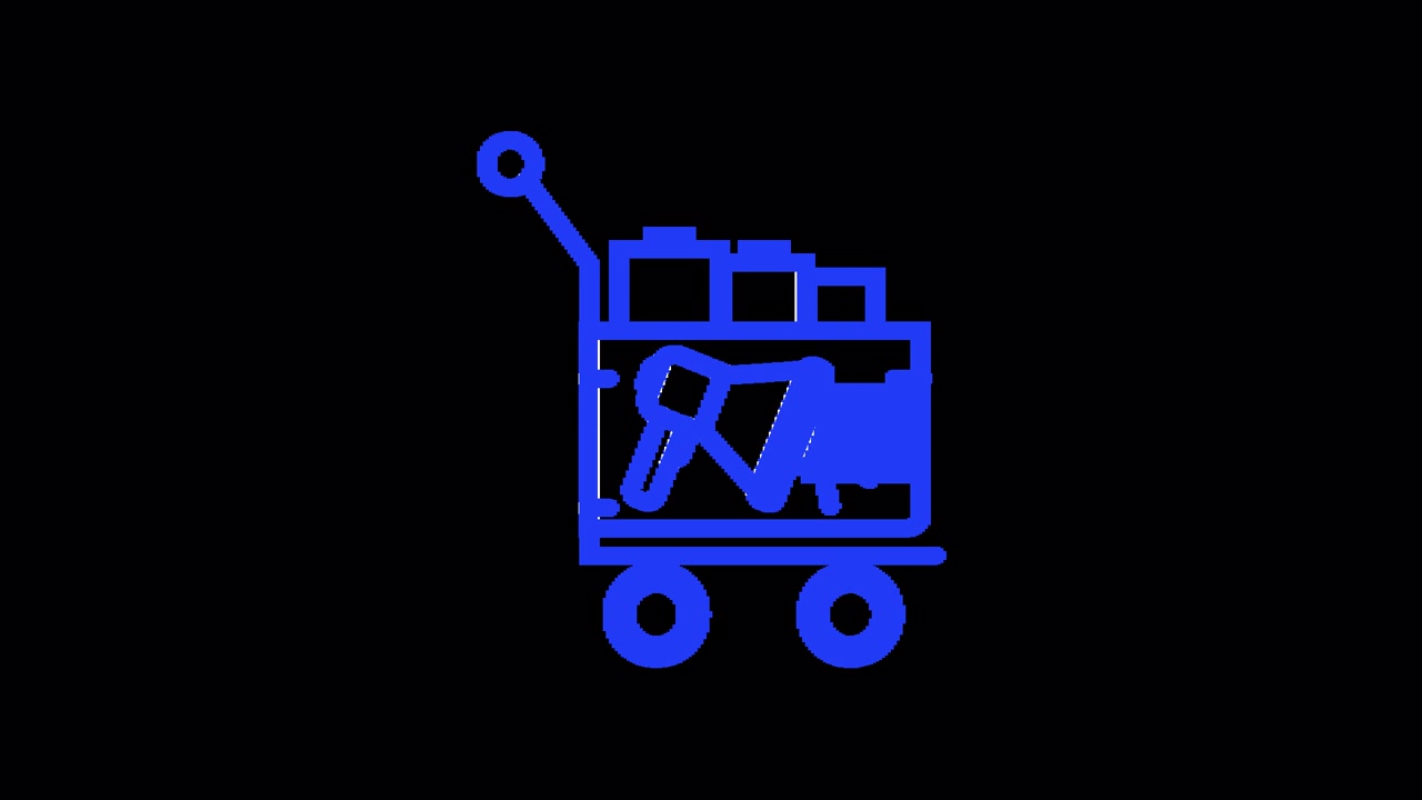 Animated Blue Line Art Shopping Cart Filling with Products and Megaphone