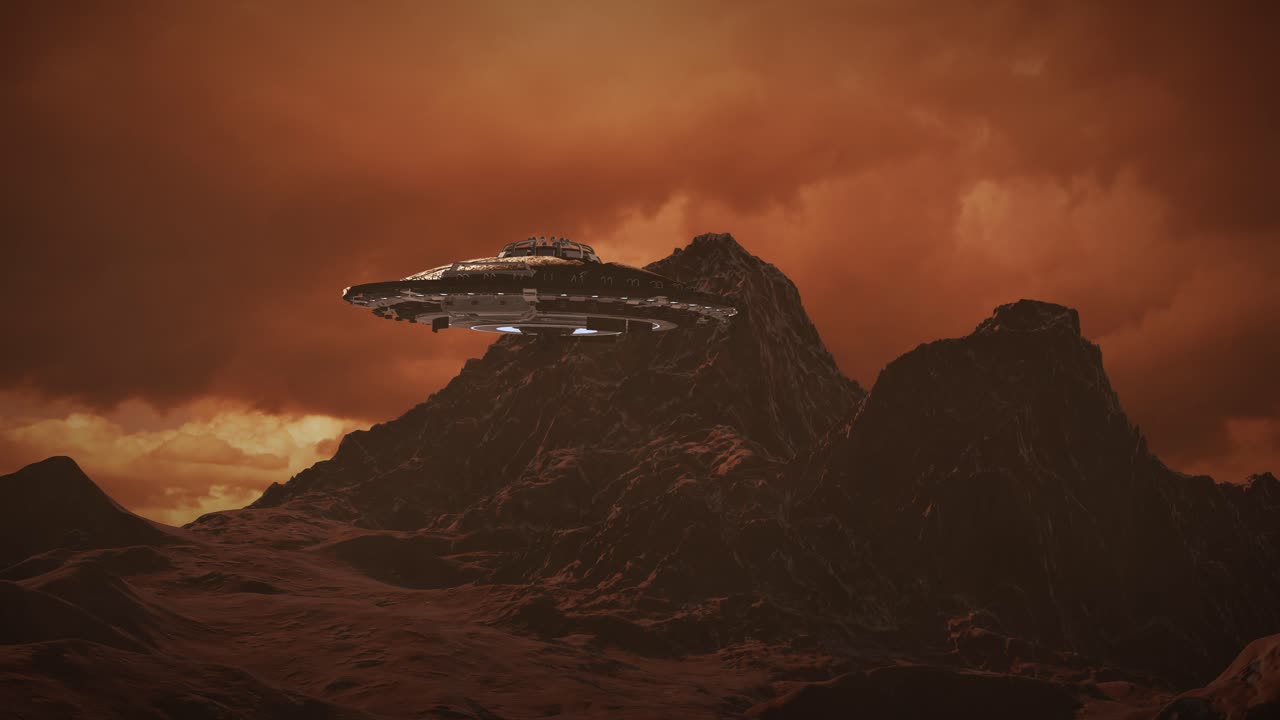 UFO over et fjellendt marslandskap