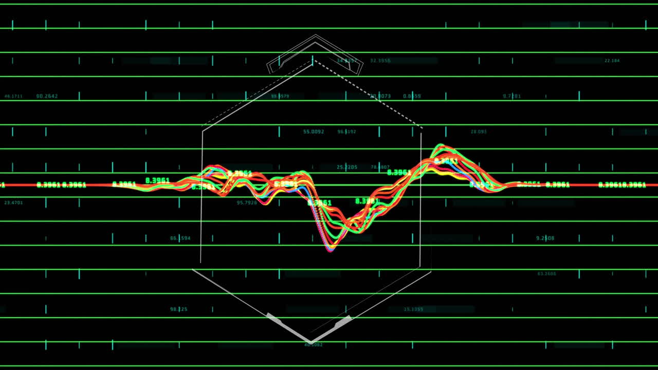 Animation of colorful financial graph lines fluctuating on dark grid with hexagonal overlay
