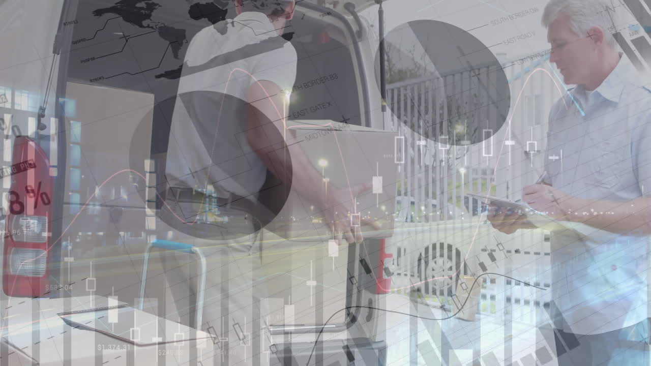 통계 및 금융 데이터 처리의 애니메이션 배달 남자와 밴